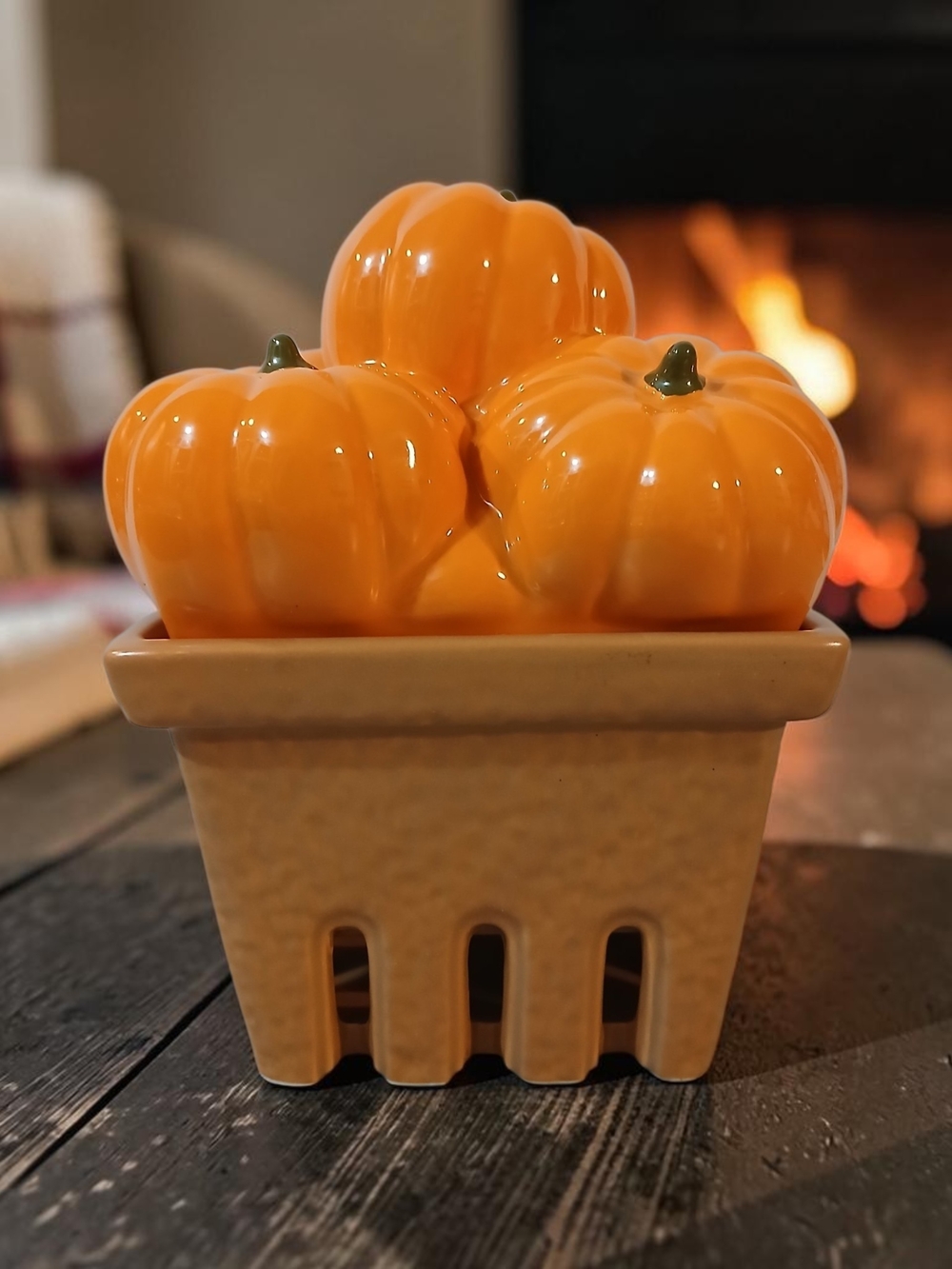 Orange Ceramic Pumpkin Basket Candle Holder And Candle Insert